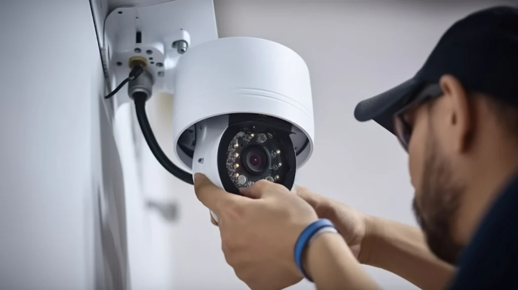 Technicien qui caméra de vidéosurveillance
